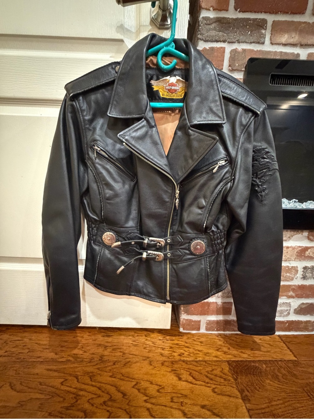 Harley Davidson Black Leather Biker Jacket with Belted Waist
